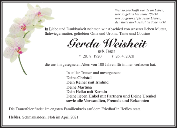 Traueranzeige von Gerda Weisheit von Südthüringer Presse