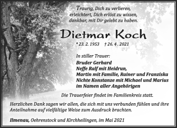 Traueranzeige von Dietmar Koch von Südthüringer Presse