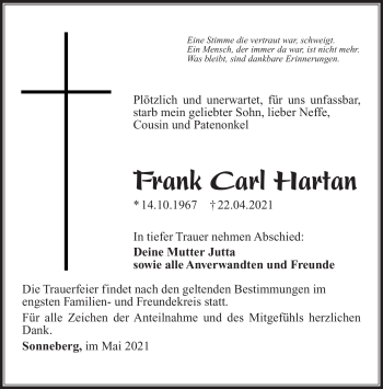 Traueranzeige von Frank Carl Hartan von Südthüringer Presse