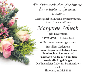 Traueranzeige von Margarete Schwab von Südthüringer Presse
