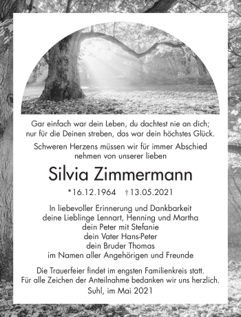 Traueranzeige von Silvia Zimmermann von Südthüringer Presse