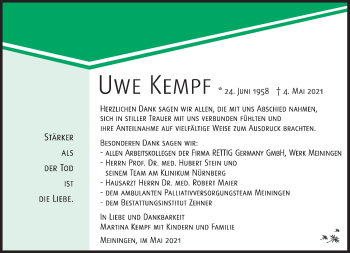 Traueranzeige von Uwe Kempf von Südthüringer Presse