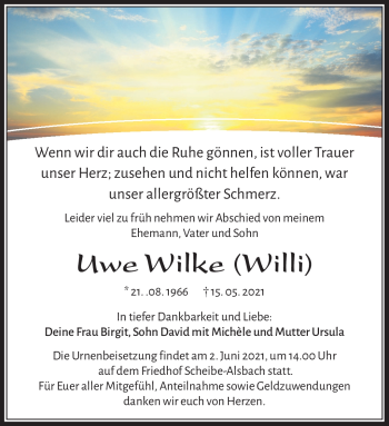 Traueranzeige von Uwe Wilke von Südthüringer Presse