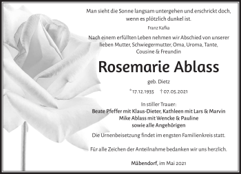 Traueranzeige von Rosemarie Ablass von Südthüringer Presse