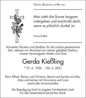 Traueranzeige von Gerda Kießling von Frankenpost