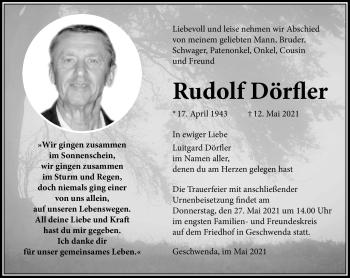 Traueranzeige von Rudolf Dörfler von Südthüringer Presse