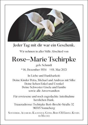 Traueranzeige von Rose-Marie Tschirpke von Südthüringer Presse