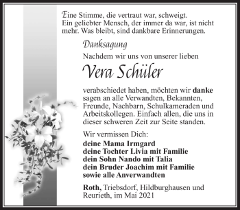 Traueranzeige von Vera Schüler von Südthüringer Presse