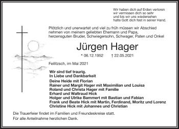 Traueranzeige von Jürgen Hager von Frankenpost