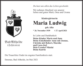Traueranzeige von Maria Ludwig von Südthüringer Presse