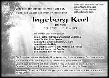 Traueranzeige von Ingeborg Karl von Südthüringer Presse