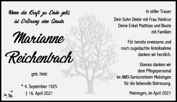 Traueranzeige von Marianne Reichenbach von Südthüringer Presse