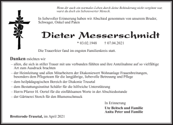 Traueranzeige von Dieter Messerschmidt von Südthüringer Presse