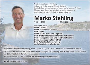 Traueranzeige von Marko Stehling von Südthüringer Presse