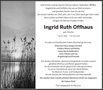 Traueranzeige von Ingrid Ofhaus von Südthüringer Presse