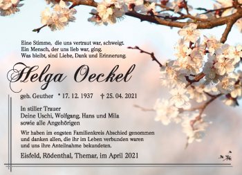 Traueranzeige von Helga Oeckel von Südthüringer Presse