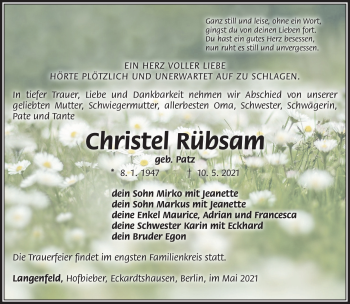 Traueranzeige von Christel Rübsam von Südthüringer Presse