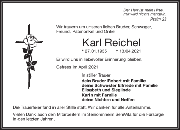 Traueranzeige von Karl Reichel von Frankenpost