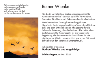 Traueranzeige von Reiner Wienke von Südthüringer Presse