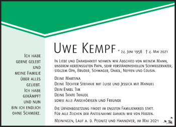 Traueranzeige von Uwe Kempf von Südthüringer Presse