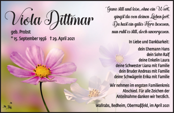 Traueranzeige von Viola Dittmar von Südthüringer Presse