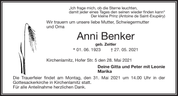 Traueranzeige von Anni Benker von Frankenpost