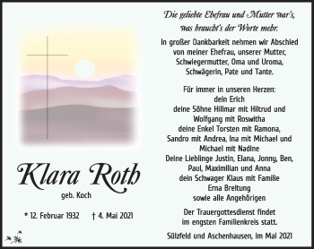 Traueranzeige von Klara Roth von Südthüringer Presse