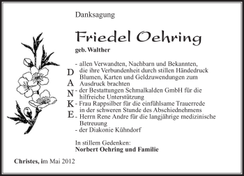 Traueranzeige von Friedel Oehring von Südthüringer Presse