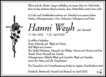 Traueranzeige von Hanni Weyh von Südthüringer Presse