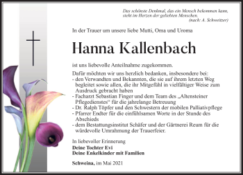 Traueranzeige von Hanna Kallenbach von Südthüringer Presse
