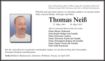 Traueranzeige von Thomas Neiß von Südthüringer Presse