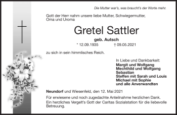 Traueranzeige von Gretel Sattler von Neue Presse Coburg