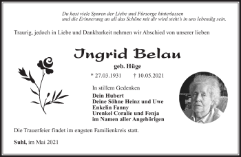 Traueranzeige von Ingrid Belau von Südthüringer Presse