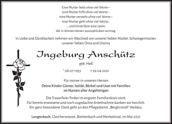 Traueranzeige von Ingeburg Anschütz von Südthüringer Presse