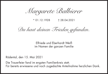 Traueranzeige von Margarete Balbierer von Neue Presse Coburg