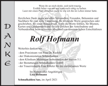 Traueranzeige von Rolf Hofman von Südthüringer Presse
