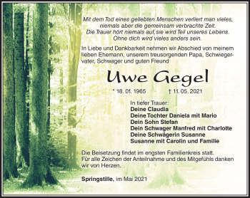 Traueranzeige von Uwe Gegel von Südthüringer Presse