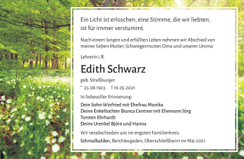 Traueranzeige von Edith Schwarz von Südthüringer Presse