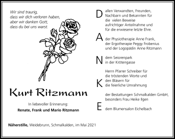 Traueranzeige von Kurt Ritzmann von Südthüringer Presse