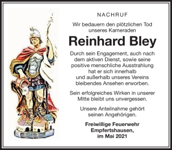 Traueranzeige von Reinhard Bley von Südthüringer Presse