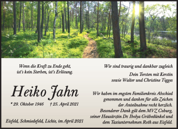 Traueranzeige von Heiko Jahn von Südthüringer Presse