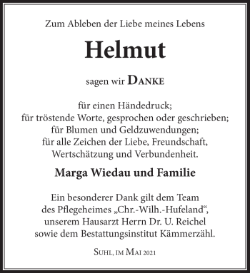 Traueranzeige von Helmut Wiedau von Südthüringer Presse