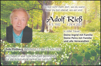 Traueranzeige von Adolf Rieß von Frankenpost