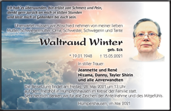 Traueranzeige von Waltraud Winkler von Südthüringer Presse