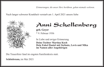 Traueranzeige von Anni Schellenberg von Südthüringer Presse