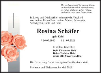 Traueranzeige von Rosina Schäfer von Südthüringer Presse