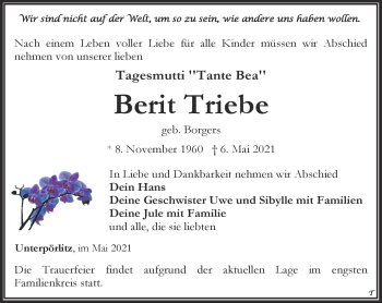 Traueranzeige von Berit Triebe von Südthüringer Presse