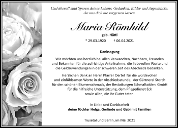 Traueranzeige von Maria Römhild von Südthüringer Presse