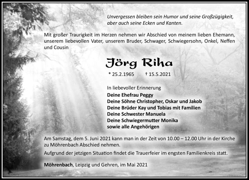  Traueranzeige für Jörg Riha vom 29.05.2021 aus Südthüringer Presse