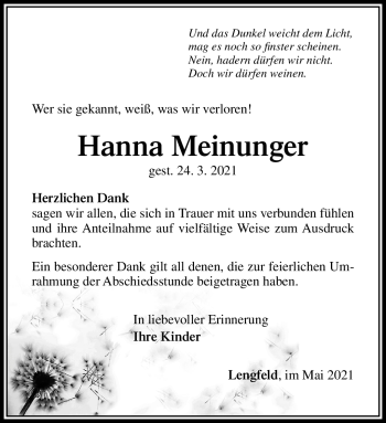 Traueranzeige von Hanna Meinunger von Südthüringer Presse